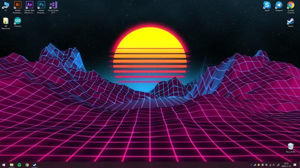 Screenshot of Wallpaper Engine featuring a retro-futuristic landscape with pink grid mountains and a stylized sun on the horizon.