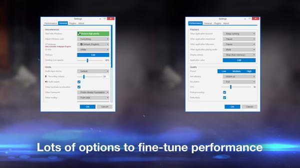 Wallpaper Engine screenshot showing settings menus with options to adjust performance and playback, and a background effect.