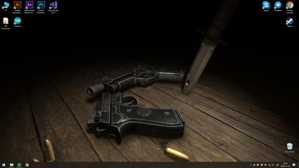 A Wallpaper Engine screenshot showing a desktop with two handguns, a knife, and bullets on a wooden surface.