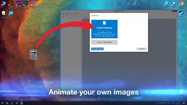 Screenshot of Wallpaper Engine showing a 'Create Wallpaper' dialog box with a cosmic-themed desktop background and app icons.