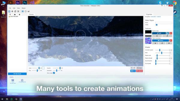 Wallpaper Engine screenshot showing a snowy mountain landscape being edited with various animation tools and settings.
