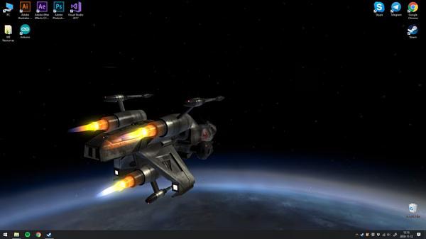 Wallpaper Engine screenshot of a spaceship flying above Earth in space, with desktop icons visible at the top right.