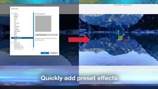 A Wallpaper Engine screenshot showing the editor interface with snow particle effects being added to a scenic mountain lake wallpaper.