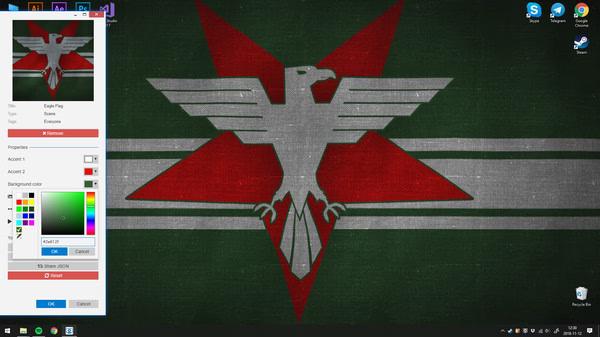 Wallpaper Engine screenshot showing a custom desktop background with a red, green, and silver eagle design, and editing options visible.