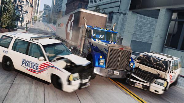 BeamNG.drive screenshot showing a collision between a police SUV and a large truck on a city street, with visible damage to the vehicles.