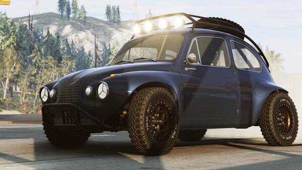BeamNG.drive screenshot: A rugged, modified blue car with off-road tires and roof lights on a sunlit road.