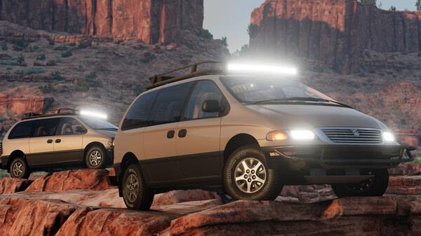 BeamNG.drive screenshot: Two minivans with roof racks navigate rocky terrain in a desert landscape at sunset.