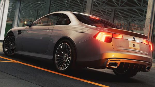 BeamNG.drive screenshot: A sleek silver car is parked indoors, showcasing its modern design and illuminated taillights.