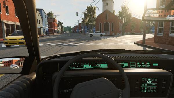 Screenshot from BeamNG.drive showing a car interior with a view of a sunny town street, traffic lights, and other vehicles in the background.