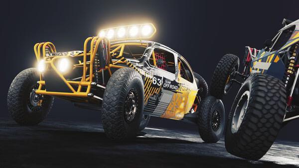 Screenshot from BeamNG.drive showing two off-road vehicles with bright lights and rugged tires on a dark background.