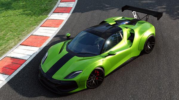 BeamNG.drive screenshot: A vivid green sports car with black accents navigates a curve on a racetrack with grass and red-striped barriers.