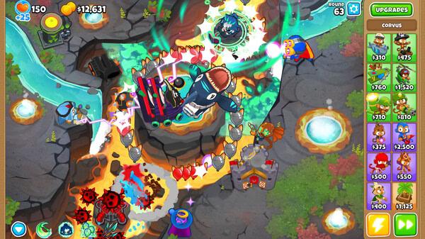 Bloons TD 6 screenshot: A powerful tower defense setup with dart-shooting monkeys and abilities blocking bloons on a lava-filled map.