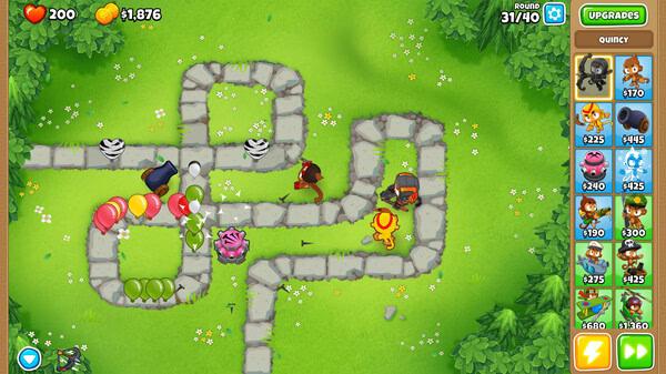 Bloons TD 6 screenshot: Tower defense gameplay with monkeys and balloons on a winding path, upgrades menu visible on the right.