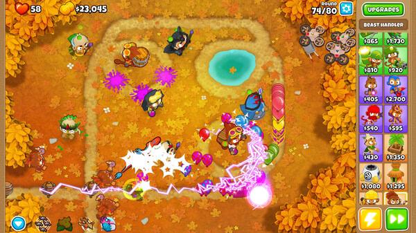 Screenshot from Bloons TD 6 showing a vibrant autumn map with monkey defenses and balloons popping near a small pond.