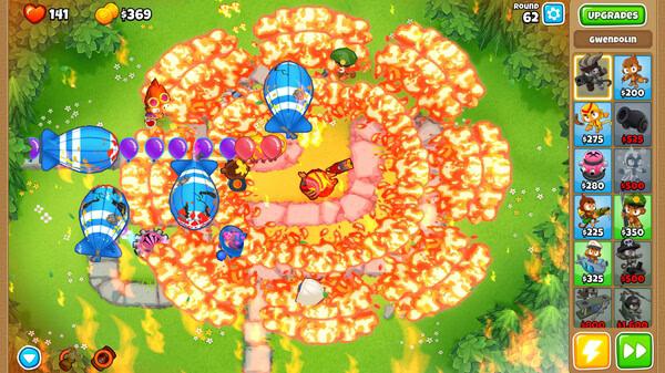 Screenshot from Bloons TD 6 showing a fiery battle with various monkeys and balloons on a winding path.