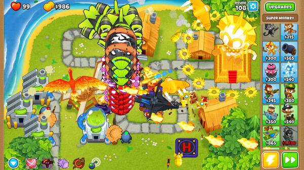 Bloons TD 6 screenshot: A chaotic battle with towers, a flying phoenix, and bloons on a winding path surrounded by vibrant scenery.