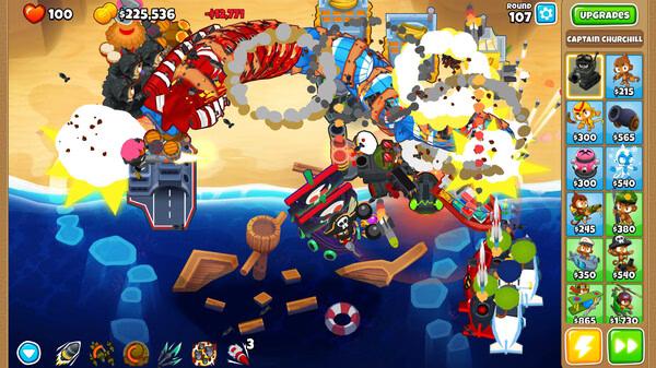 Screenshot of Bloons TD 6 showing a heavily fortified defense with various towers and abilities against incoming bloons at round 107.