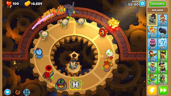 Bloons TD 6 screenshot: Monkey towers and hero Benjamin defend against bloons on a gear-shaped track in round 55.