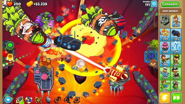 Bloons TD 6 screenshot: Dart Monkey upgrades visible as players defend against blimp-like MOABs in a fiery, volcanic map.