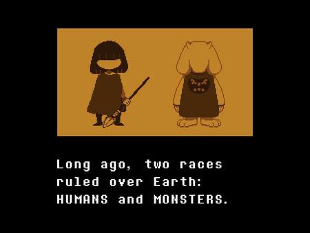 Screenshot from Undertale showing two characters, a human with a sword and a monster, with text about humans and monsters.