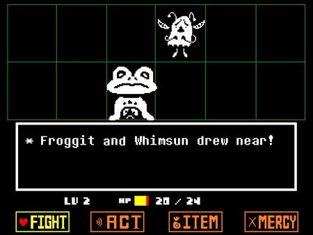 Undertale screenshot showing Froggit and Whimsun in a battle. Options include FIGHT, ACT, ITEM, and MERCY at the bottom.