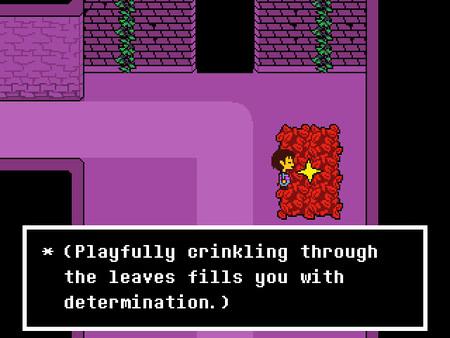 Screenshot from Undertale showing the protagonist standing on red leaves next to a yellow star with a message about determination.