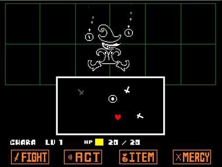 Undertale screenshot: A battle scene with a floating, hat-wearing monster and player options Fight, Act, Item, and Mercy visible.