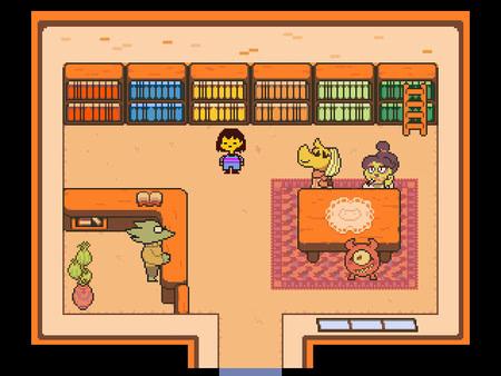 Undertale screenshot: A character stands in a room with colorful bookshelves, two seated figures at a table, and a third near a counter.