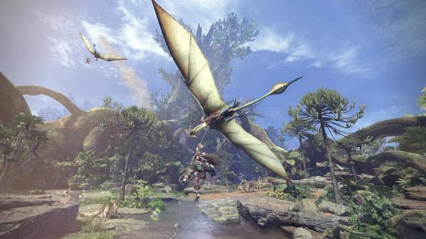 Screenshot from Monster Hunter: World showing a hunter soaring on a winged creature over a lush, prehistoric landscape.