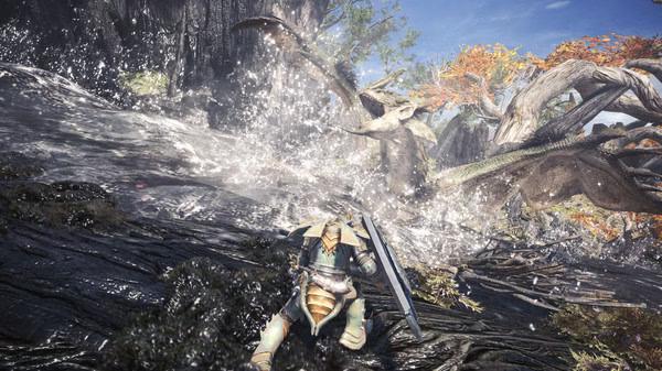 Monster Hunter: World screenshot showing a hunter in armor wielding a sword, facing a dragon amidst a dynamic, splash-filled battle scene.