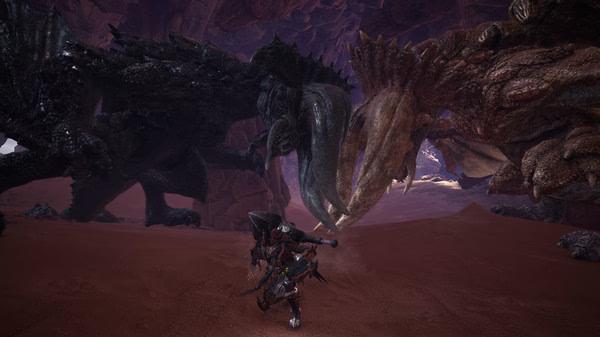 Monster Hunter: World screenshot featuring a hunter facing off against two large, detailed monsters in a rocky landscape.
