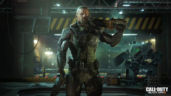 A soldier in futuristic armor holds a weapon in a dimly lit tech lab in this Call of Duty: Black Ops III screenshot.