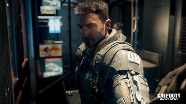 A Call of Duty: Black Ops III screenshot showing a soldier in futuristic armor standing in a dimly lit corridor.
