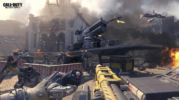 Call of Duty: Black Ops III screenshot showing intense combat with soldiers, explosions, and futuristic weapons in a war-torn city setting.