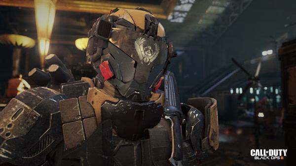 A Call of Duty: Black Ops III screenshot showing a futuristic soldier wearing armored gear in a dimly lit industrial setting.