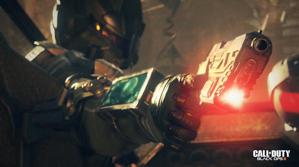 Screenshot from Call of Duty: Black Ops III showing a futuristic soldier aiming a weapon, highlighted by intense lighting effects.