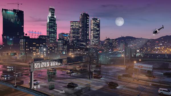 A Grand Theft Auto V screenshot showing a cityscape at dusk with skyscrapers, cars on a highway, and a helicopter in the sky.