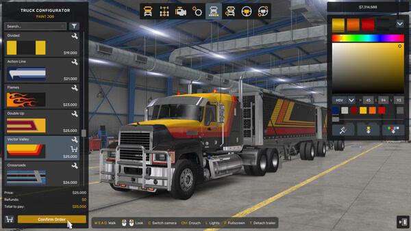 A screenshot from American Truck Simulator showing a custom-painted semi-truck in a garage, with paint options displayed on the left.