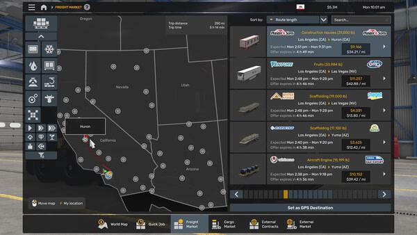 American Truck Simulator screenshot showing a freight market menu with route options displayed on a map of the western United States.