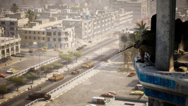 Screenshot from Squad showing a soldier aiming from a rooftop in a cityscape with tanks on the street below.