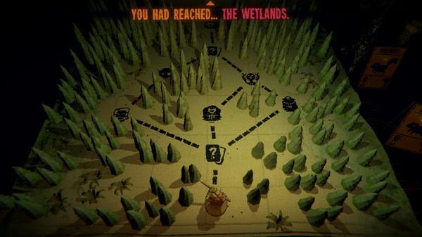 Screenshot of Inscryption game showing a map with paths and trees. Text reads "You had reached... The Wetlands."