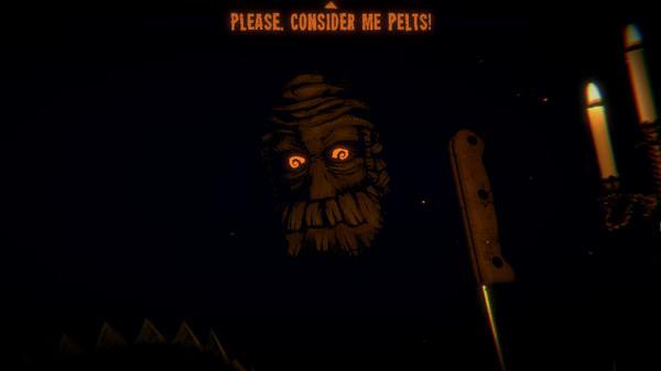 A screenshot from Inscryption showing a glowing-eyed face asking for pelts, a knife, candles, and dark surroundings.