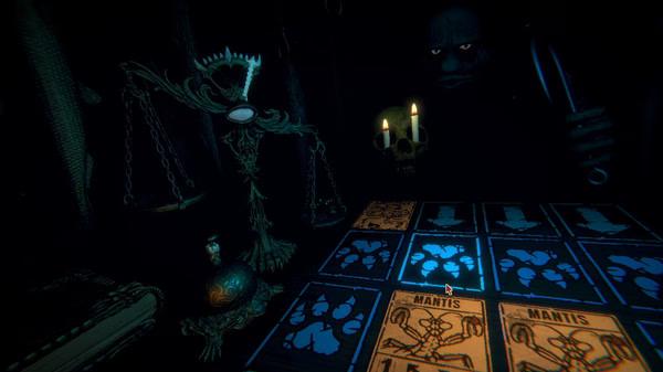 Screenshot from Inscryption showing a dark room with a candle-lit skull, scales, and a card game in progress on the table.