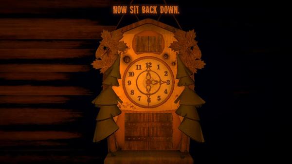 A screenshot from Inscryption showing a wooden clock with leaf and tree decorations, displaying the message "Now sit back down."