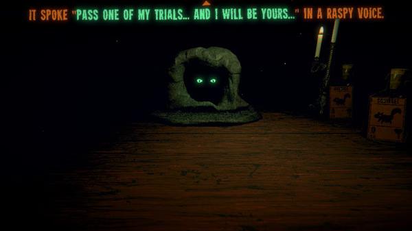 Inscryption screenshot: a stone face with glowing eyes speaks in a raspy voice. Lit candles and boxes are visible on the wooden table.
