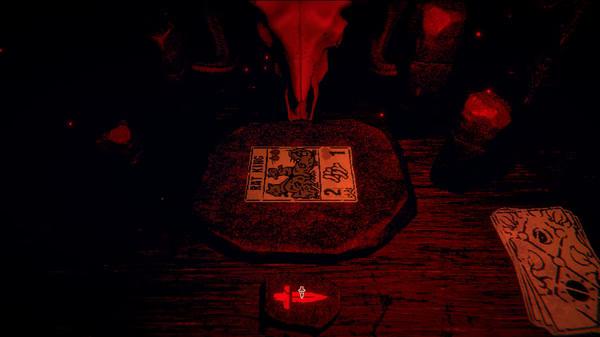 Inscryption screenshot: A glowing red-lit card game table showing a card with stats and a dagger, surrounded by eerie decorations.