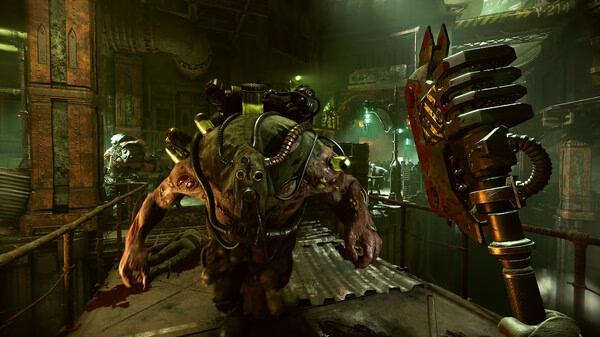 Screenshot from Warhammer 40,000: Darktide showing a hulking enemy charging through a dimly lit industrial environment.