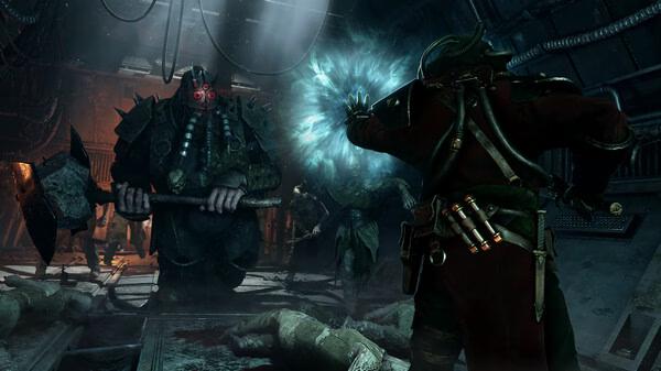 Screenshot from Warhammer 40,000: Darktide shows a player character casting a spell at approaching enemies in a dimly lit corridor.