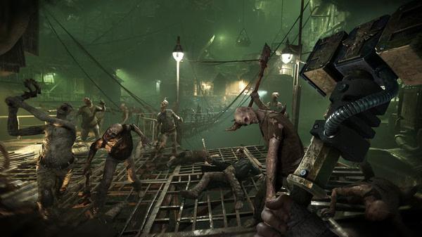 Screenshot from Warhammer 40,000: Darktide showing a player wielding a weapon against a horde of oncoming zombie-like enemies.