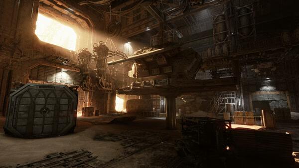 Warhammer 40,000: Darktide screenshot showing a detailed industrial environment with machinery and warm lighting in a large, open space.